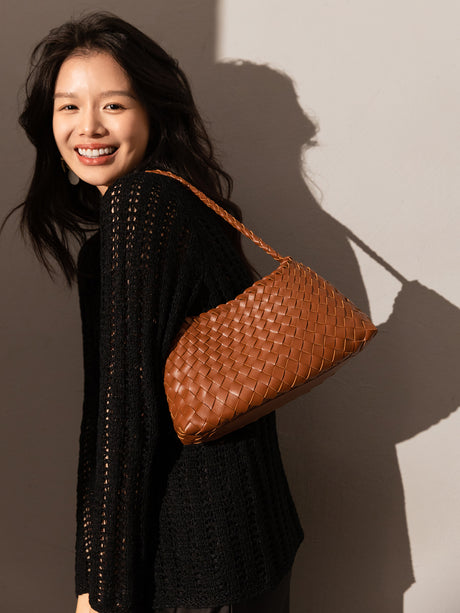 Mini Woven Trapezoid Drawstring Shoulder Bag - Brown
