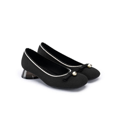 Pearl Bow Knit Square Toe Loafer Pumps - Black