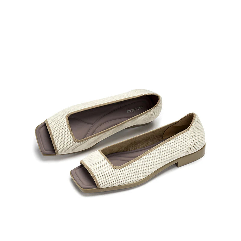 Colorblock Peep Toe Knit Flats - Ivory
