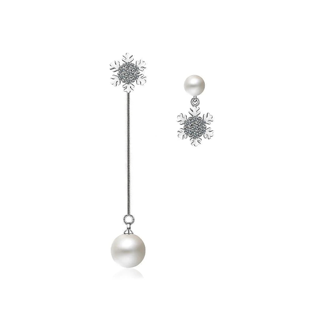 Sparkling Zirconias Snow with White Pearl Drop Earrings