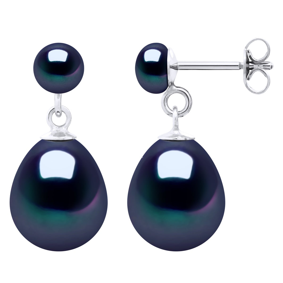 Double Earrings White Gold - Black Tahiti - Longueur 18 cm
