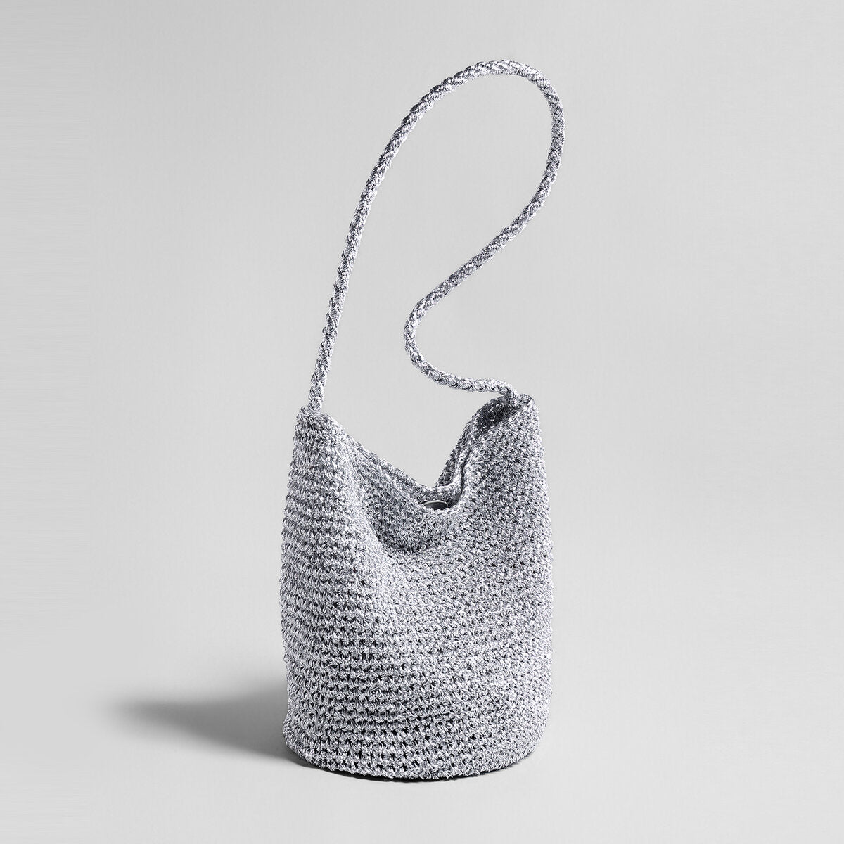 Metallic Crochet Bucket Crossbody - Silver