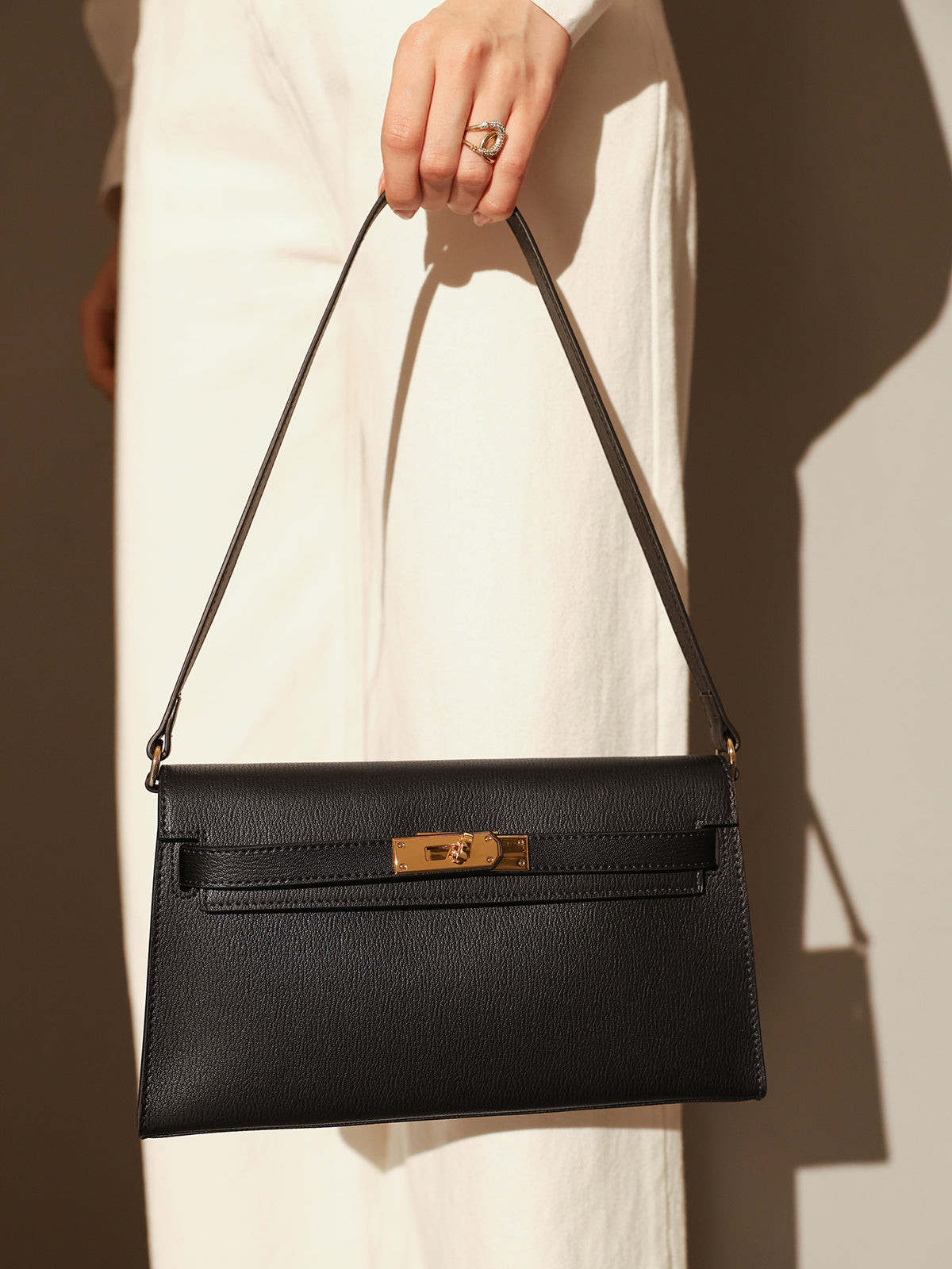 Camille Palm-Grain Calfskin Shoulder Bag - Black