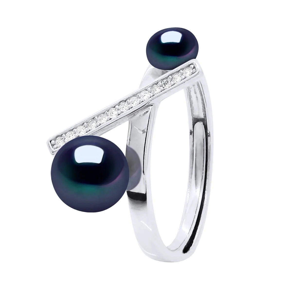 Ring Button Freshwater Pearl & Cubic Zirconia Black Sterling Silver