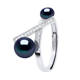 Ring Button Freshwater Pearl & Cubic Zirconia Black Sterling Silver