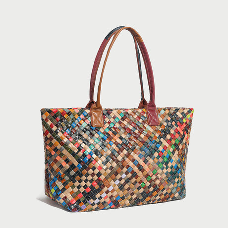 Flamboyant Multicolor Woven Leather Tote Bag - Rainbow