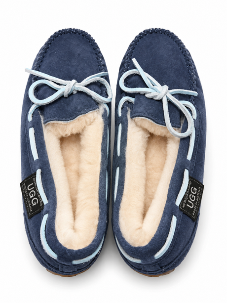Australian Leather Ugg Moccasin Slippers - Navy - AU5