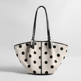 Polka Dot Canvas Basket Tote Bag - Ivory