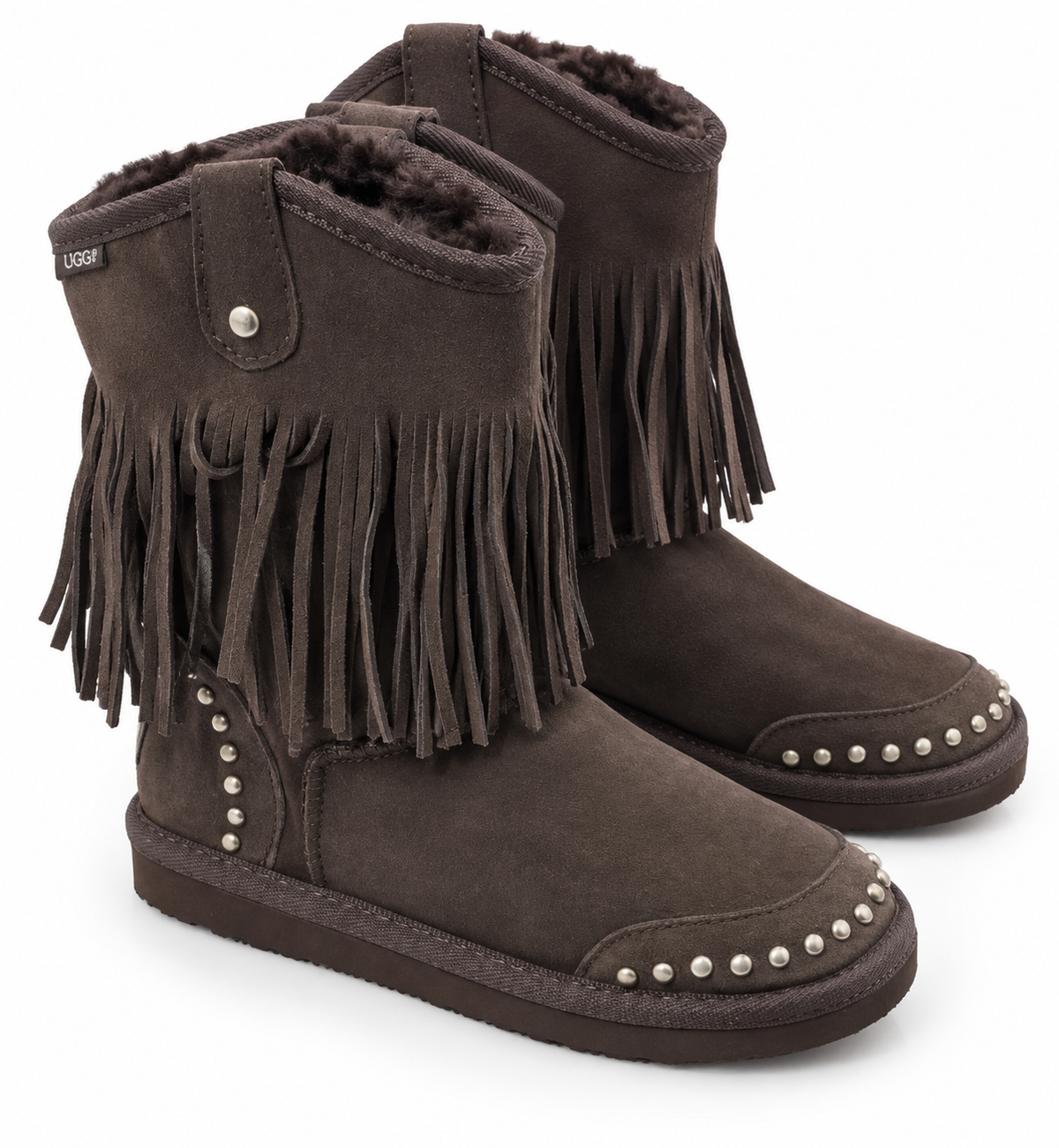 Australian Leather Ugg Classic Short Fringe Stud - Chocolate - AU8