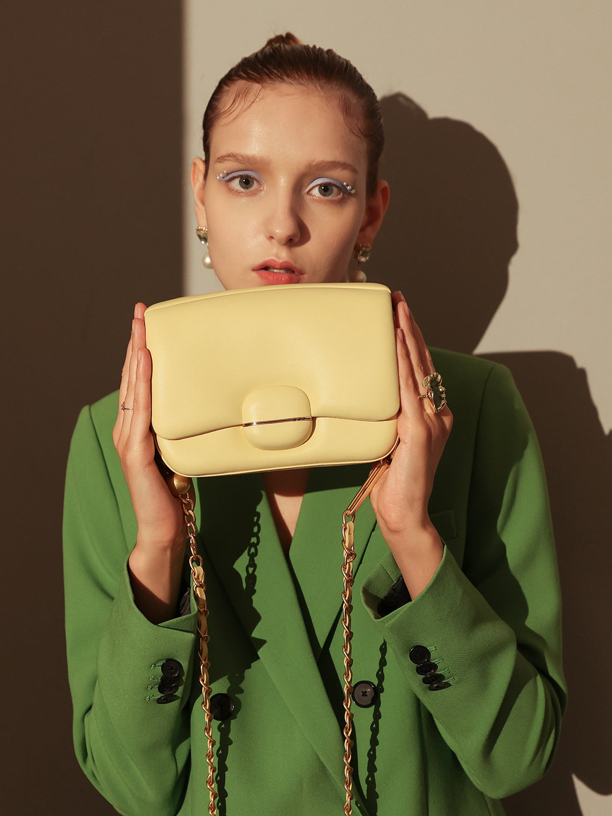 Structured Buckle Leather Shoulder Bag - Yellow