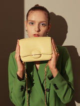 Structured Buckle Leather Shoulder Bag - Yellow