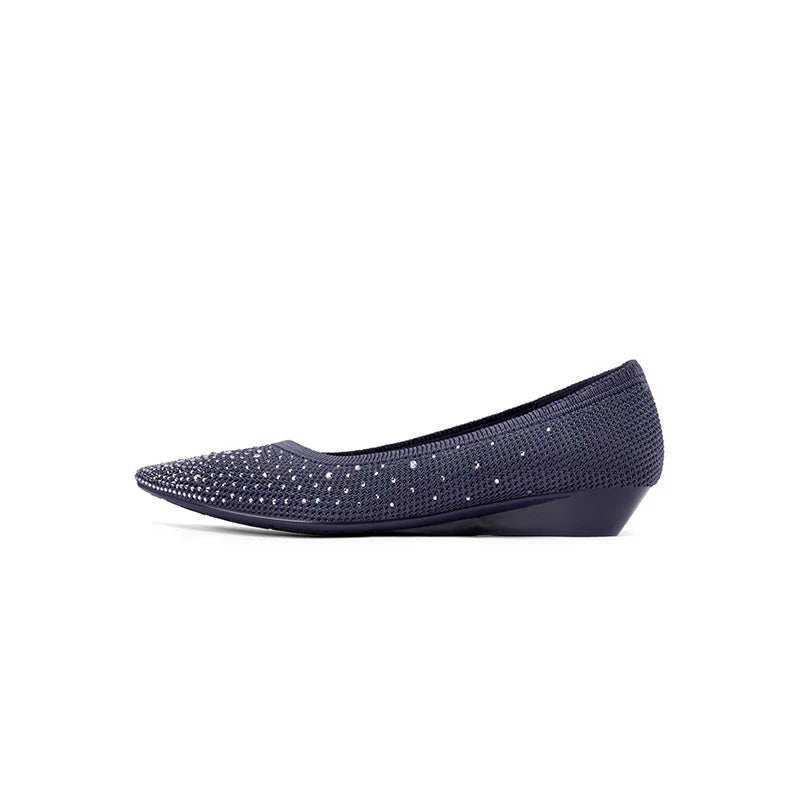 Rhinestone Gradient Knit Pointed Toe Wedge Flats - Navy