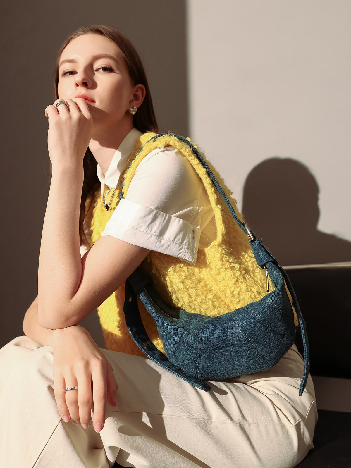 Luna Denim Crescent Shoulder Bag - Blue