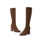 Pointed Toe Block Heel Stretch Knee High Boots - Coffee