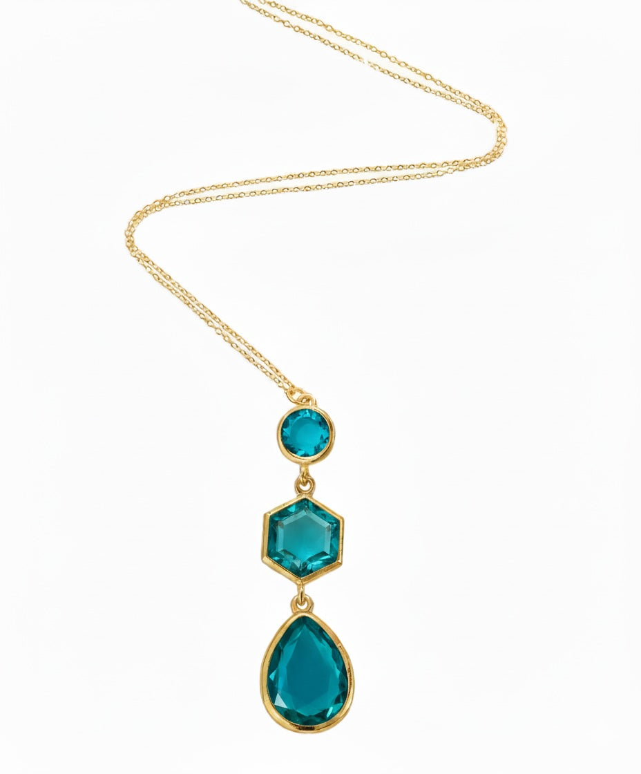 Liv Oliver 18K Gold Multi Blue Geometric Drop Necklace