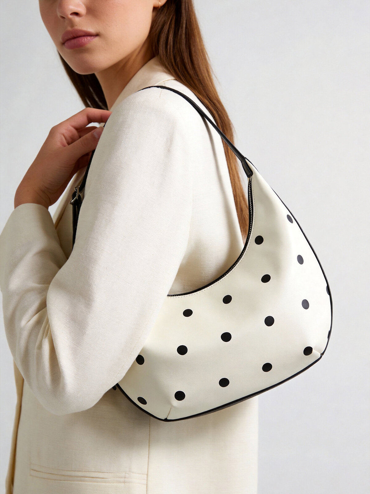 Polka Dot Leather Crescent Shoulder Bag - Ivory