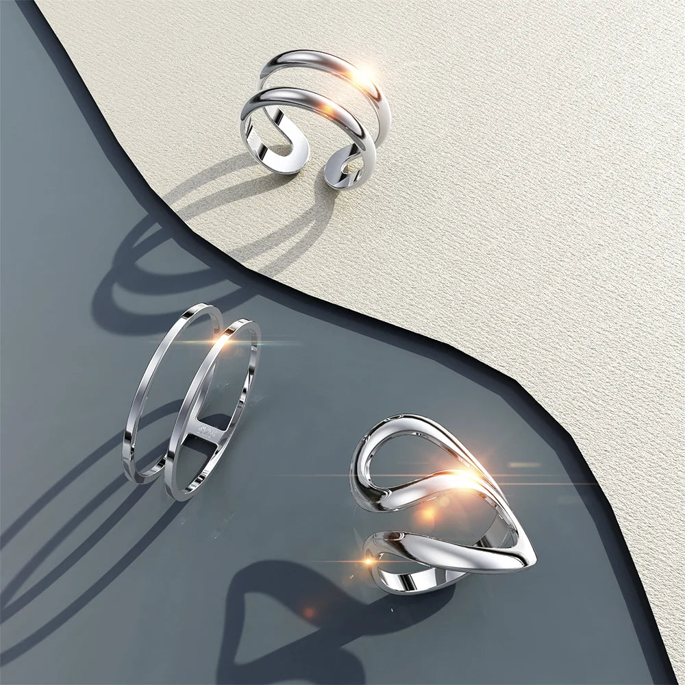 Solid 925 Sterling Silver Double Hoops Chic Ring