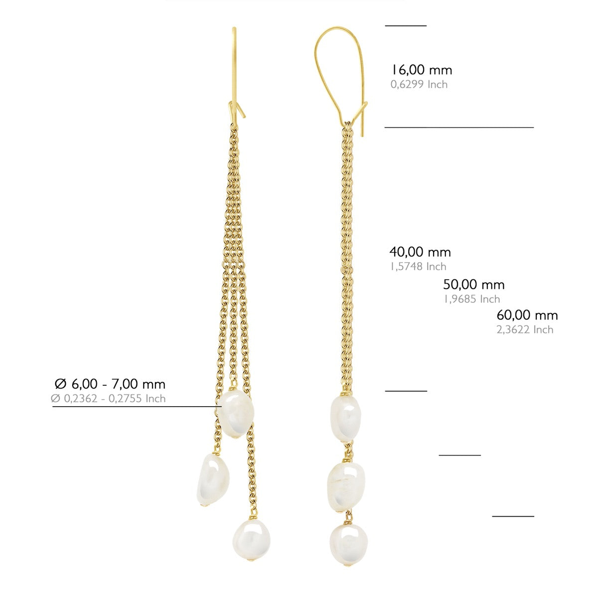 Earrings 2 X3 Real Cultured Freshwater Pearls Baroque 6-7 mm - Natural White - Longueur 18 cm