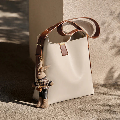 Nalandu Natalia Rabbit Charm Leather Work Tote Bag - Ivory