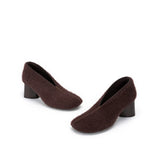 Fuzzy Round Toe Block Heel Pumps - Chocolate