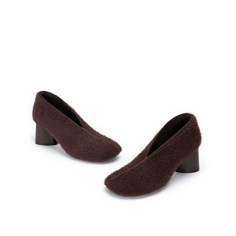 Fuzzy Round Toe Block Heel Pumps - Chocolate