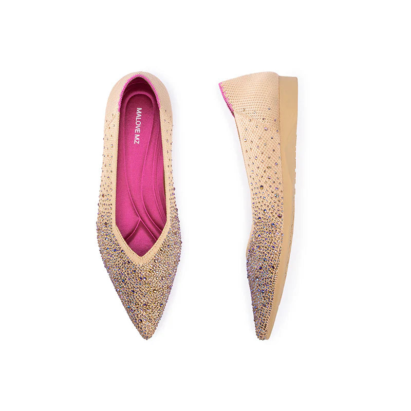Rhinestone Knit Pointed Toe Ballet Flats - Apricot