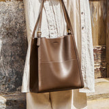Nalandu Minimal Soft Leather Commuter Tote Bag - Coffee