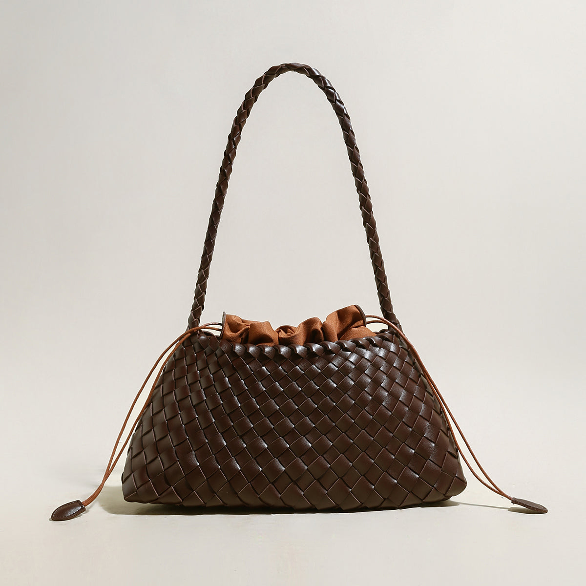 Mini Woven Trapezoid Drawstring Shoulder Bag - Chocolate