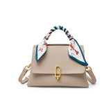 Nalandu Elegant Apricot Leather Satchel Bag with Silk Scarf Handle - Apricot