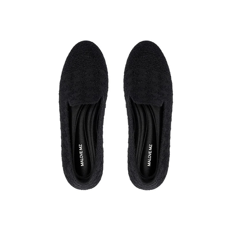 Houndstooth Knit Slip-On Flat Loafers - Black