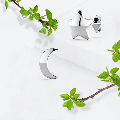 Solid 925 Sterling Silver Crescent Moon and Star Stud Earrings