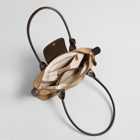 Suede Baguette Bag – Contrast Leather Shoulder Bag with Brass-Tone Snap