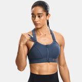 Zip Front Large Padded High Impact Sports Bra - Navy