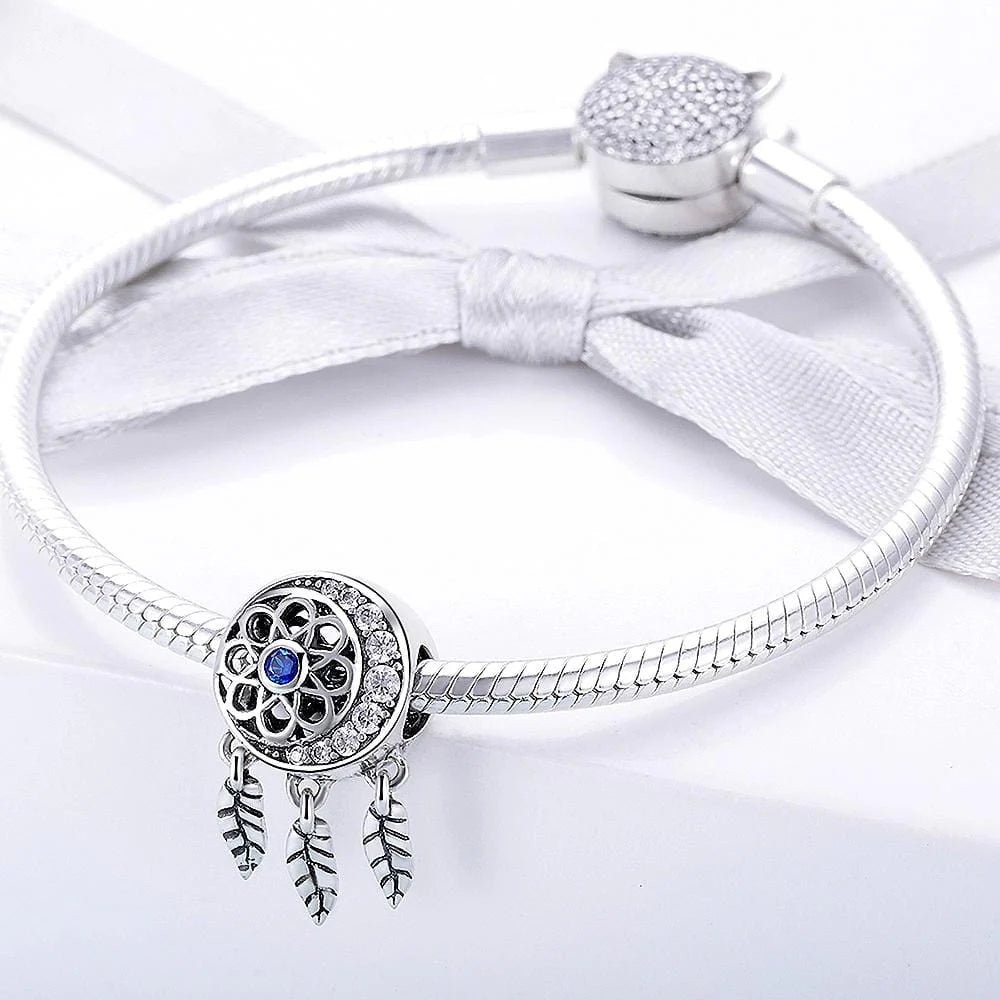 Solid 925 Sterling Silver Dream Catcher Sapphire Blue CZ Charm