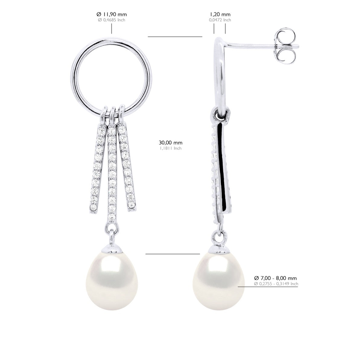 Hanging Earrings Round and Strips Mounted with Cubic Zirconia - Natural White - Longueur 18 cm