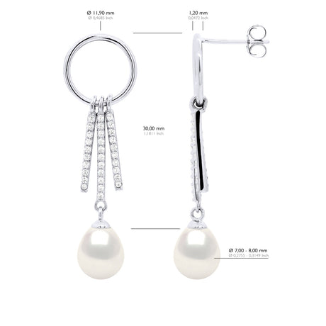 Hanging Earrings Round and Strips Mounted with Cubic Zirconia - Natural White - Longueur 18 cm