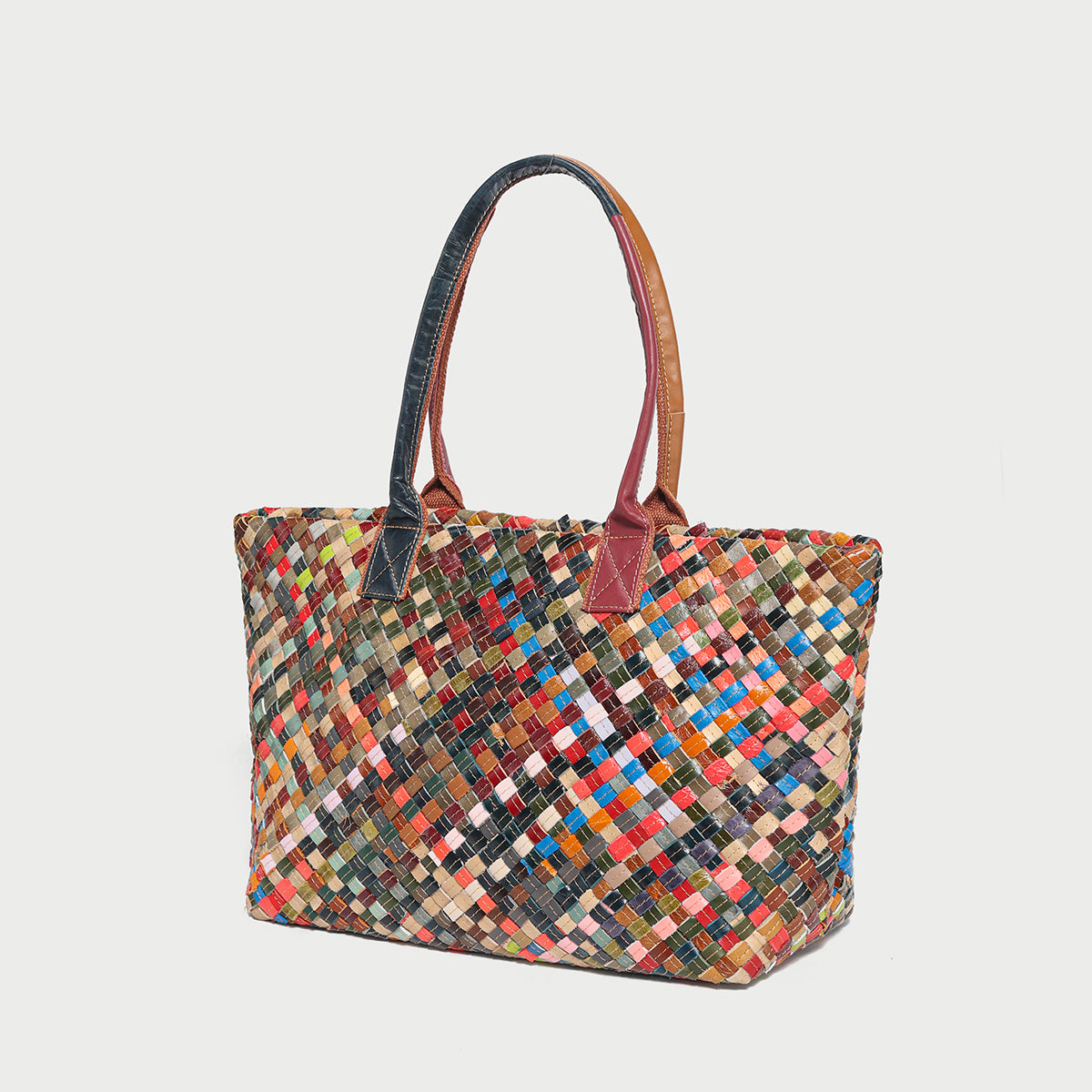 Flamboyant Multicolor Woven Leather Tote Bag - Rainbow
