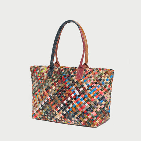 Flamboyant Multicolor Woven Leather Tote Bag - Rainbow