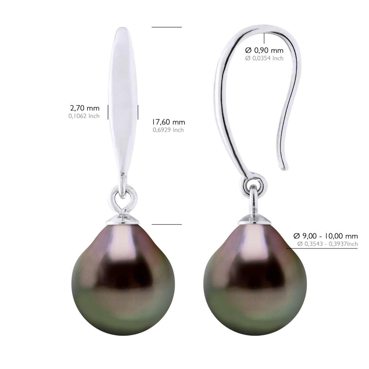 Earrings of Silver 925 and Real Cultured Tahiti Pearls Pear 9-10 mm - Longueur 42 cm