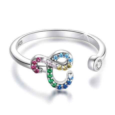 Adjustable Solid 925 Sterling Silver Colourful Rainbow Alphabet Letter Ring
