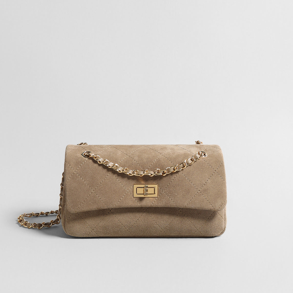 Quilted Suede Leather Shoulder Bag – Gold Chain Crossbody Bag