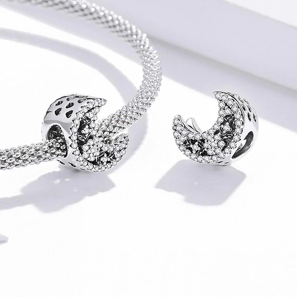 Solid 925 Sterling Silver Crescent Moon Crystals Pandora Inspired Charm