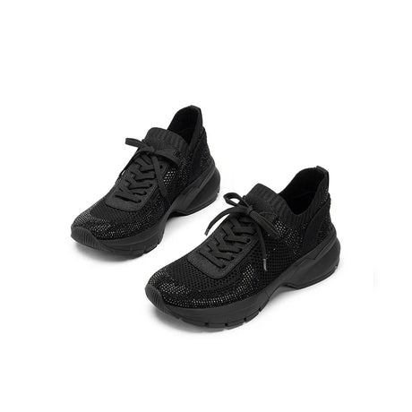Rhinestone Mesh Knit Chunky Platform Sneakers - Black