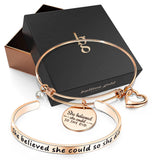 Boxed Double Inspiring Heart Love Charm Rose Gold Cuff and Toggle Bangle Set