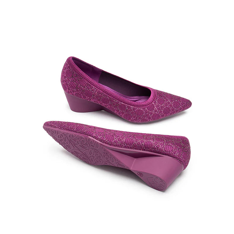 Rhinestone Check Knit Pointed Toe Wedge Pumps - Fuchsia