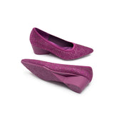 Rhinestone Check Knit Pointed Toe Wedge Pumps - Fuchsia