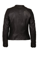 Womens Leather Stand Up Collar Jacket in Black