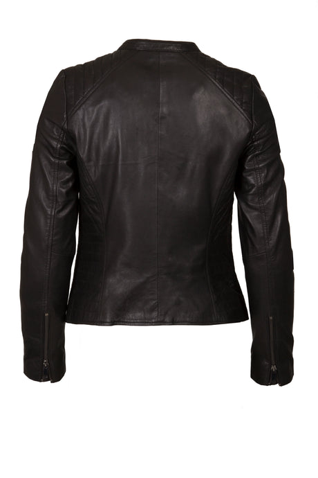 Womens Leather Stand Up Collar Jacket in Black