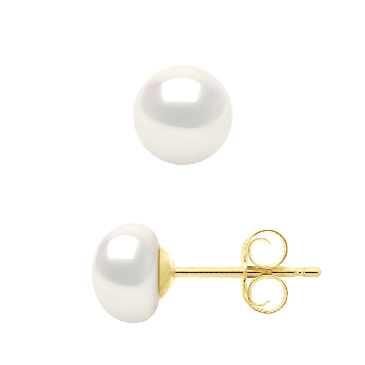 Earrings Button Freshwater Pearl White Yellow Gold 6-7mm