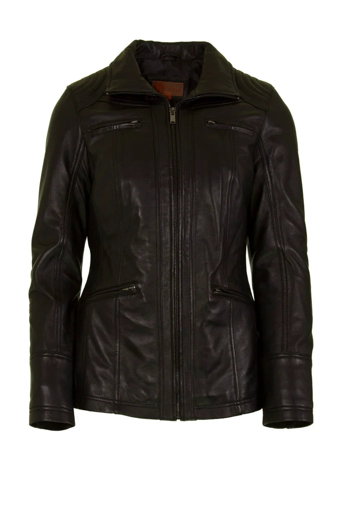 Womens Leather Jacket with Shirt Collar in Black